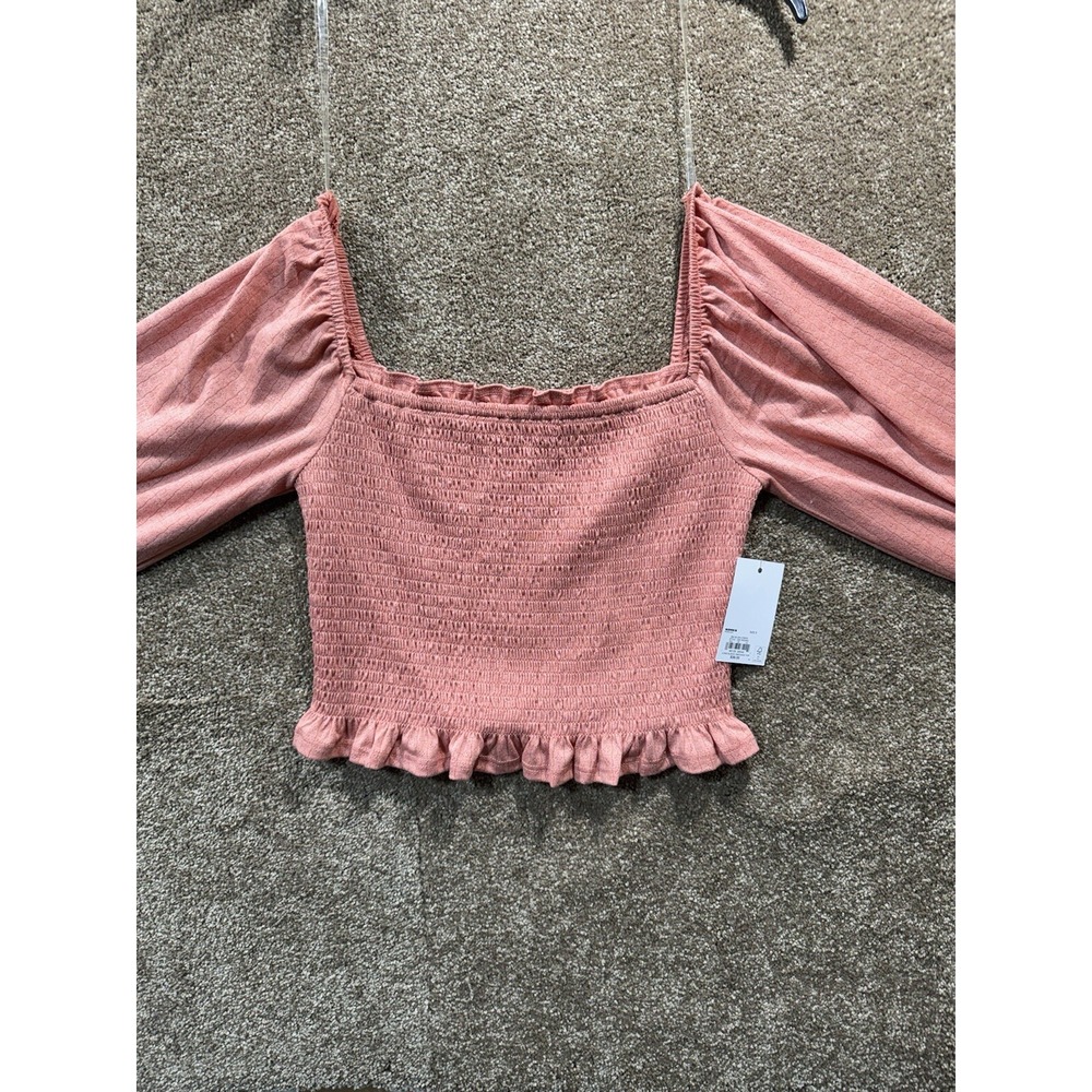 SO Long Sleeve Smocked Top Women - Small - Square-Neck Cropped Fashion Blouse